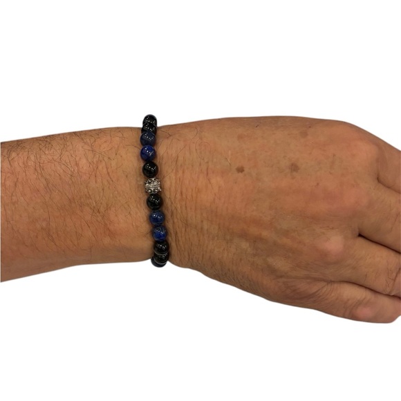 Unisex Sterling Silver & Blue/Black Beaded Slip-on Stretch Bracelet - Picture 3 of 3